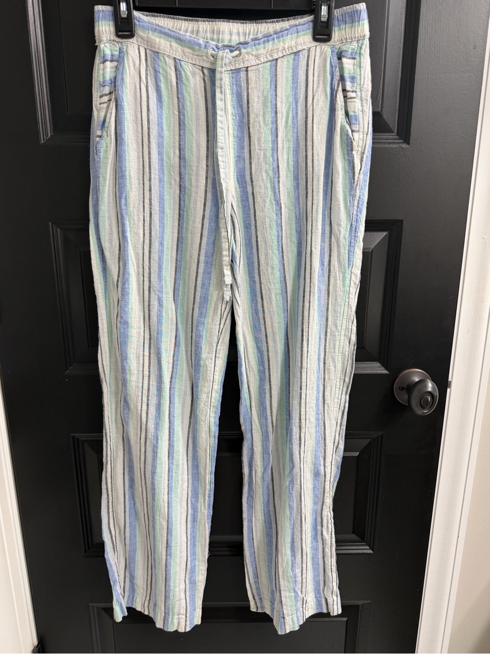 Vince Camuto XS Linen Cotton Striped Pull-On Pants Blue Green White